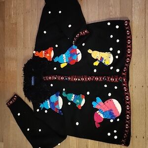Karen Scott Snowman W/ Snowballs 3D Design Black Cardigan Christmas Size Large